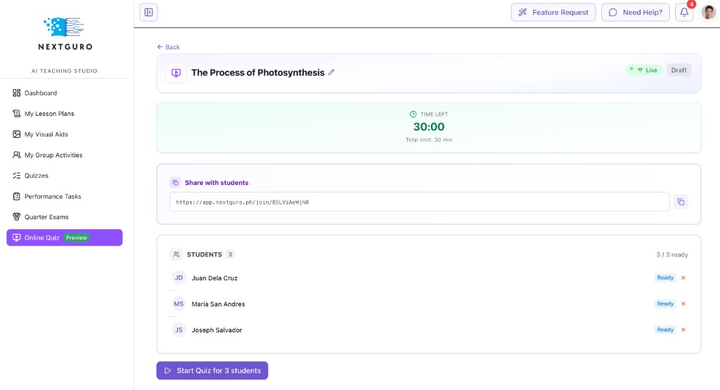NextGuro Live Online Quiz dashboard: share link, student roster, time limit, and start quiz